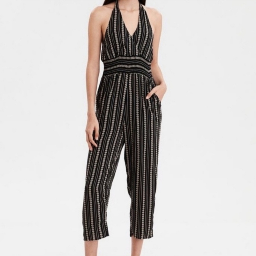 American Eagle Floral & Striped Halter Jumpsuit